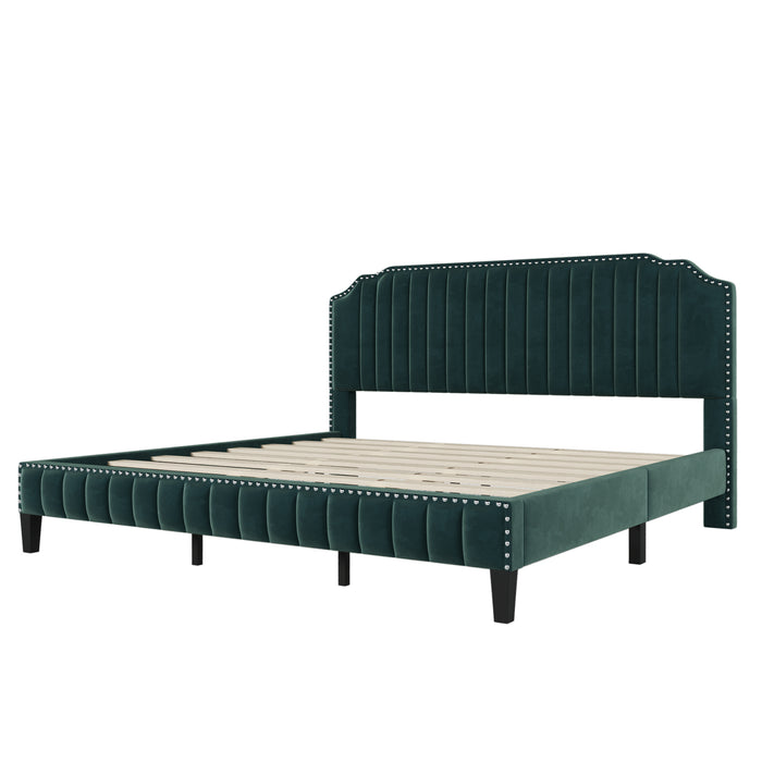 Modern Velvet Curved Upholstered Platform Bed ,  Green (King)