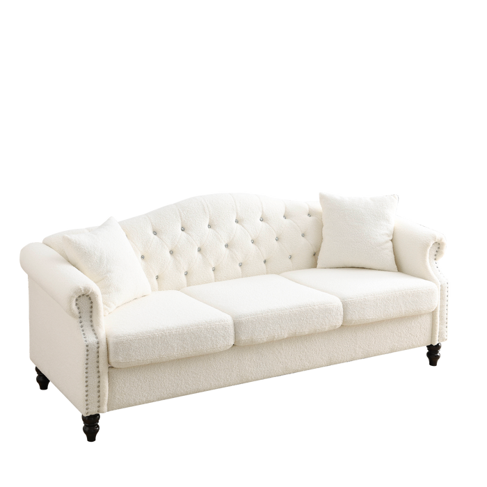 3+1 Combination of Chesterfield sofa and chair, teddy white, two pillows