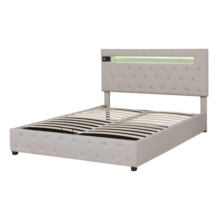 Queen Size Storage Upholstered Platform Bed with Adjustable Headboard - Beige