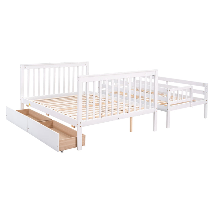 Twin Over Full Bunk Bed with 2 Drawers and Staircases - White