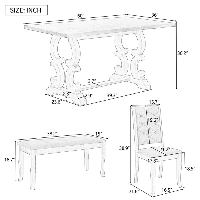 6-Piece Retro Dining Set with Unique-designed Table Legs - Beige Wash