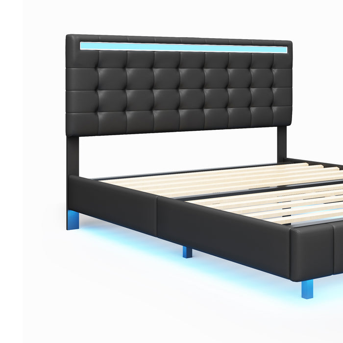 Queen Size Modern Upholstered Platform Bed with LED Lights and USB Charging - Black