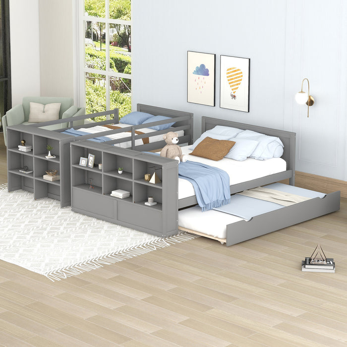 Twin over Full Bunk Bed with Trundle and Shelves, can be Separated into Three Separate Platform Beds, Gray