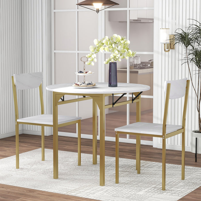 3-Piece  Modern Round Dining Table Set with Drop Leaf - Golden Frame + Faux White Granite Finish