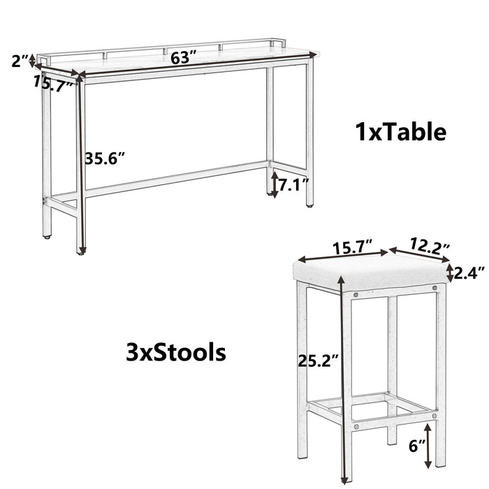 4-Piece Modern Counter Height Extra Long Console Dining Table Set - Gold + Beige