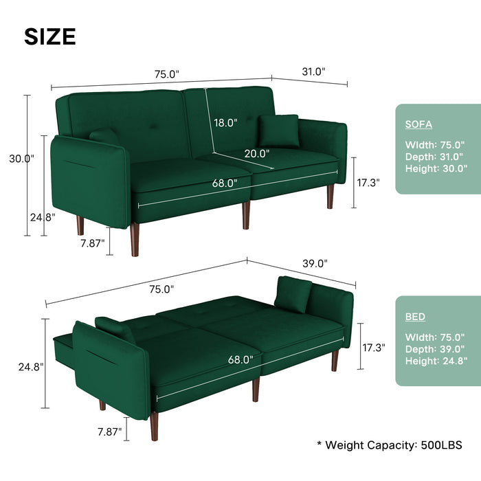 Convertible Sofa Bed with Wood Legs - Green