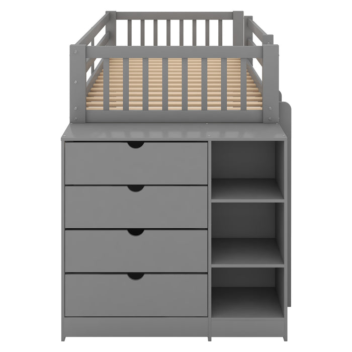 Twin over Twin Bunk Bed with Attached Cabinet and Shelves Storage - Gray