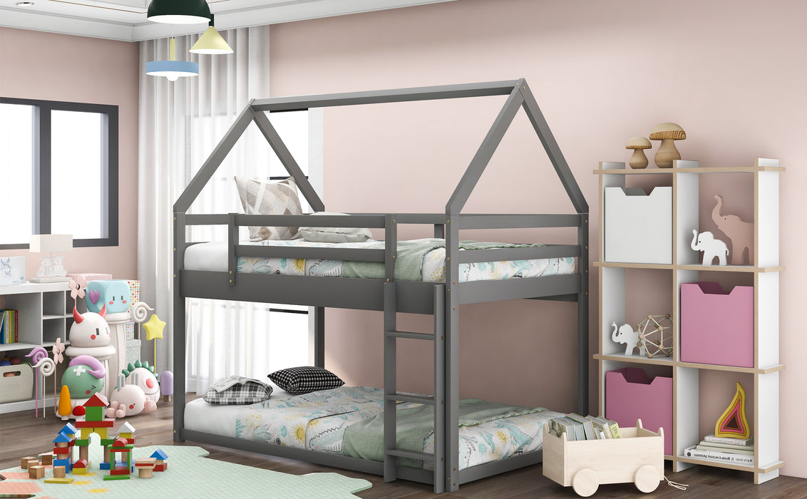 Twin over Twin Low  House Bunk Bed - Gray