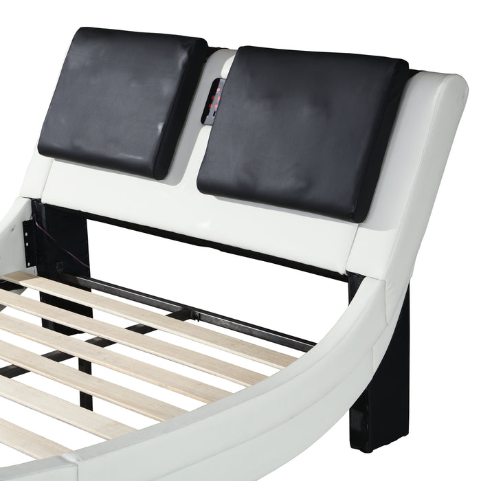 King Size Faux Leather Upholstered Platform Bed Frame with led lighting and Bluetooth connection  - White and Black