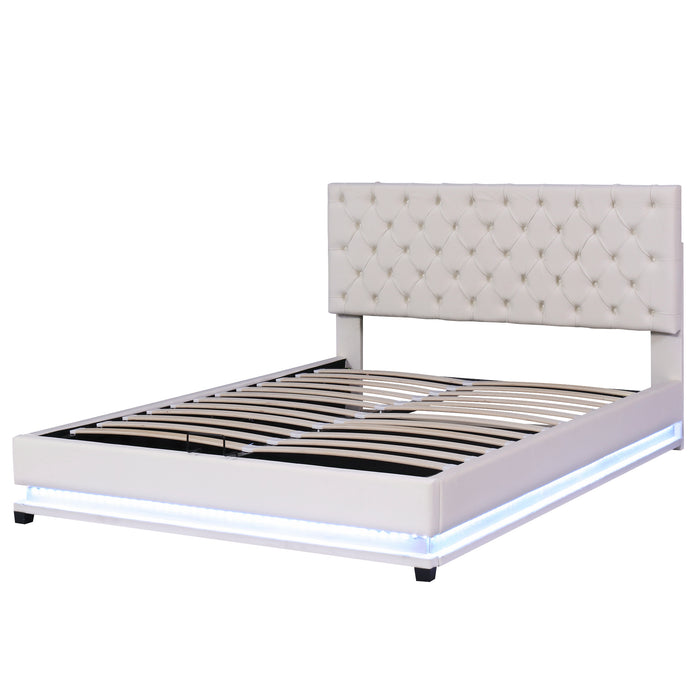 Queen Size Storage Upholstered Platform Bed with Adjustable Tufted Headboard and LED Light - Beige