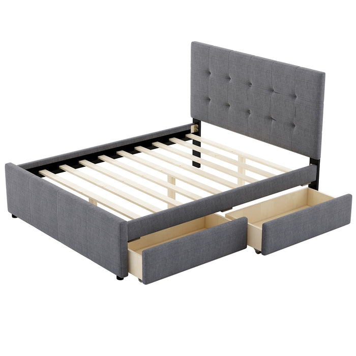 Queen Size Linen Upholstered Platform Bed With Headboard and Two Drawers, Gray