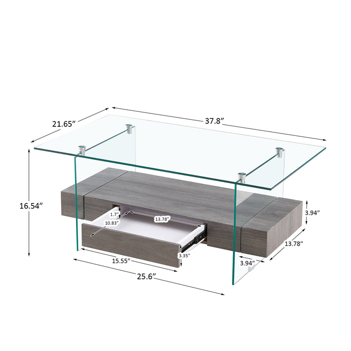 Tempered Glass Coffee table with Dual Shelves and Drawer - transparent/gray