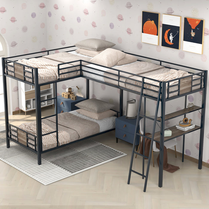 L-Shaped Twin over Twin Bunk Bed with Twin Size Loft Bed - Brown