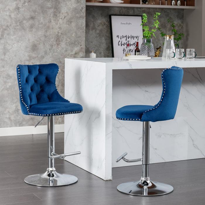 Swivel Velvet Barstools, Blue (Set of 2）