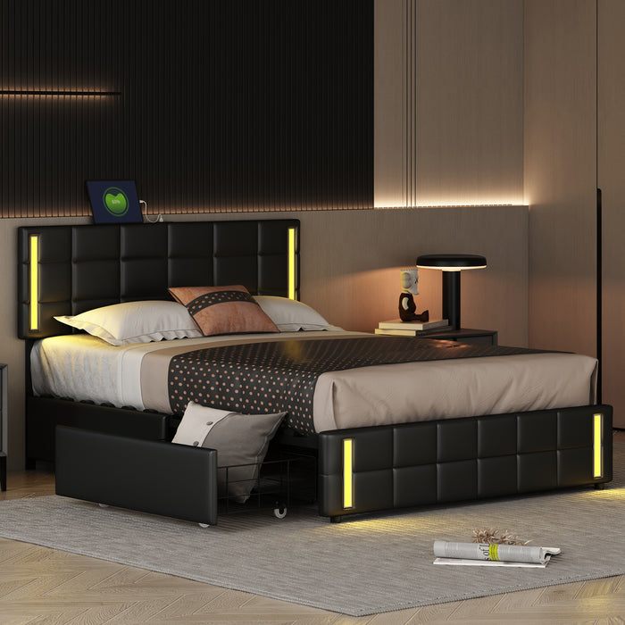 Queen Upholstered  Storage Platform Bed with LED Lights and USB Charging - Black