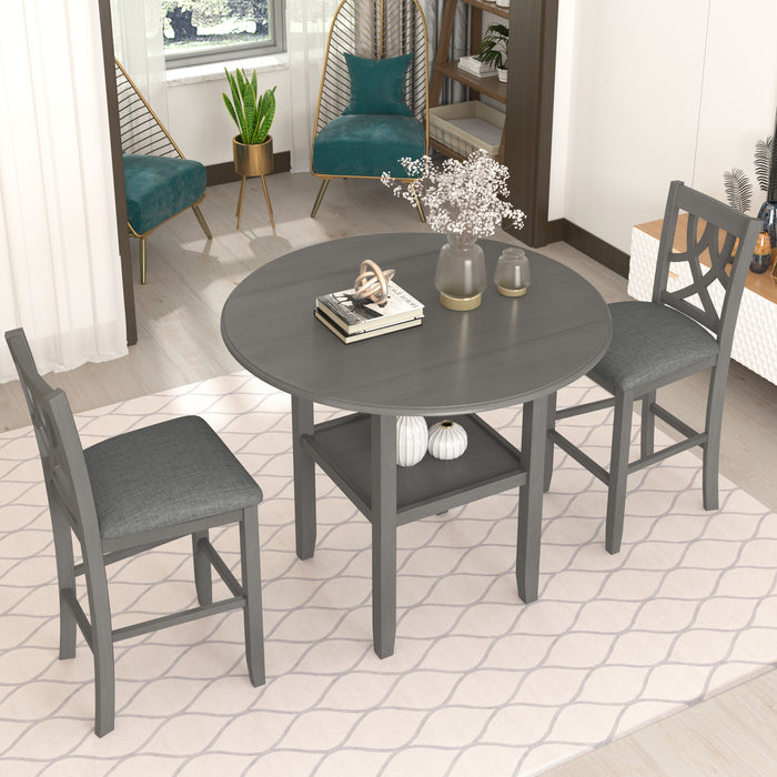 3-Piece Farmhouse Round Counter Height Kitchen Dining Table Set with Drop Leaf Table - Gray