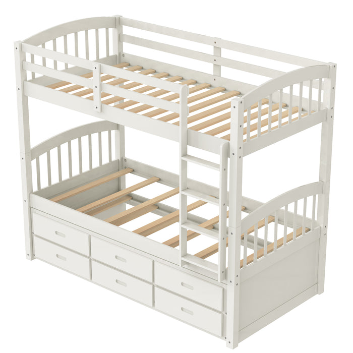 Twin over Twin Wood Bunk Bed with Trundle and Drawers - White