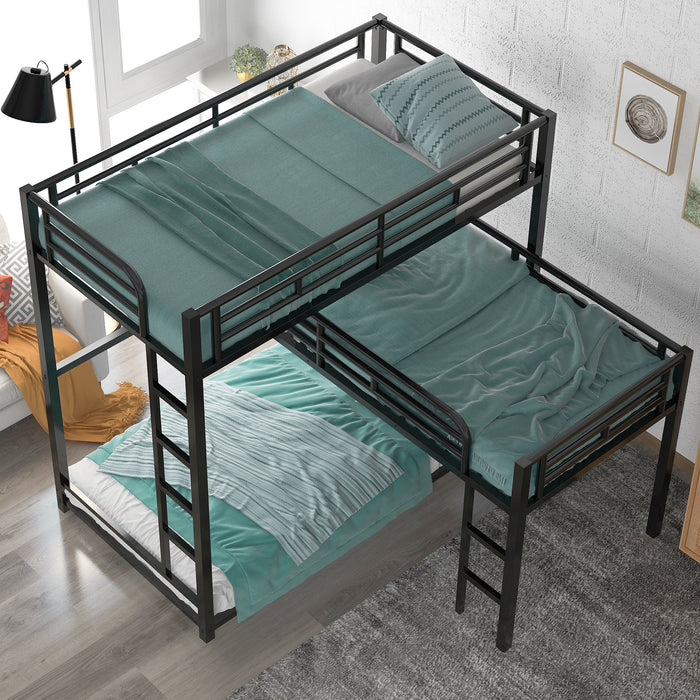 L-shaped Metal Triple Twin Size Bunk Bed - Black