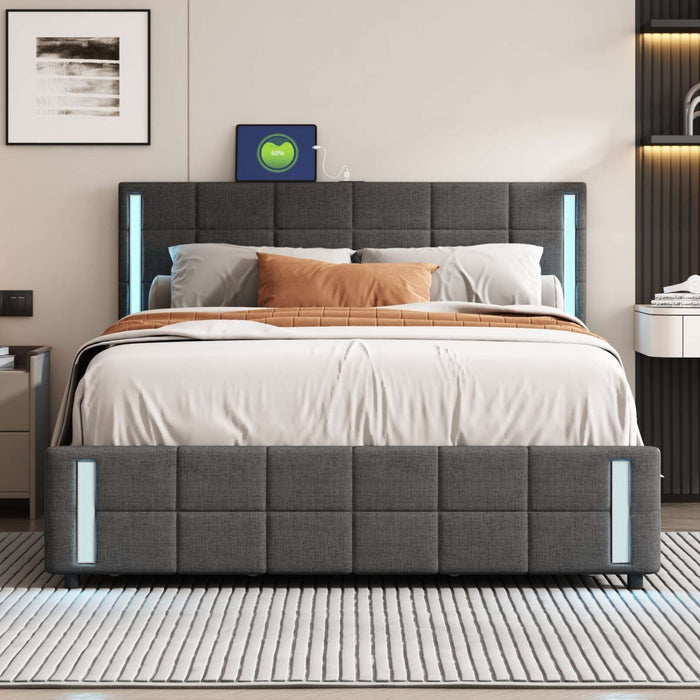 Queen Upholstered  storage Platform Bed with LED Lights and USB Charging - Dark Gray