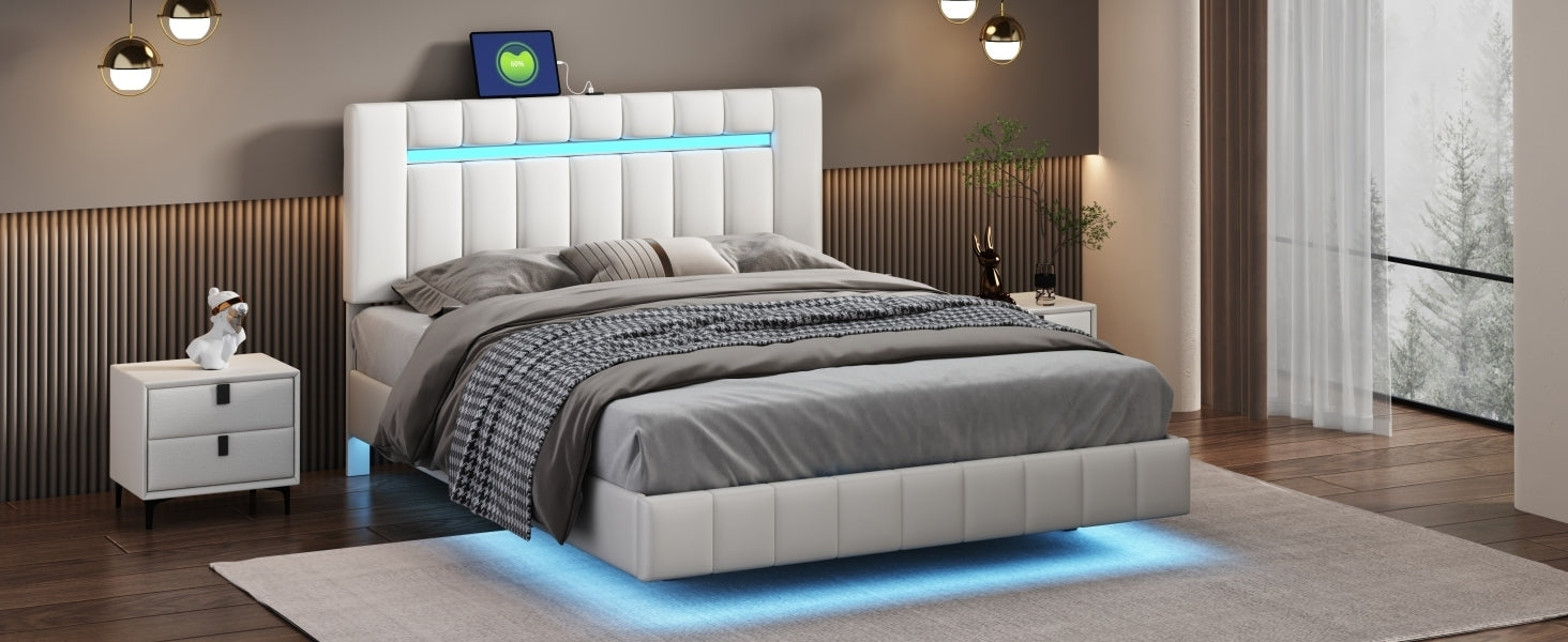 Queen Size Modern Upholstered Platform LED Bed with LED Lights and USB Charging - White