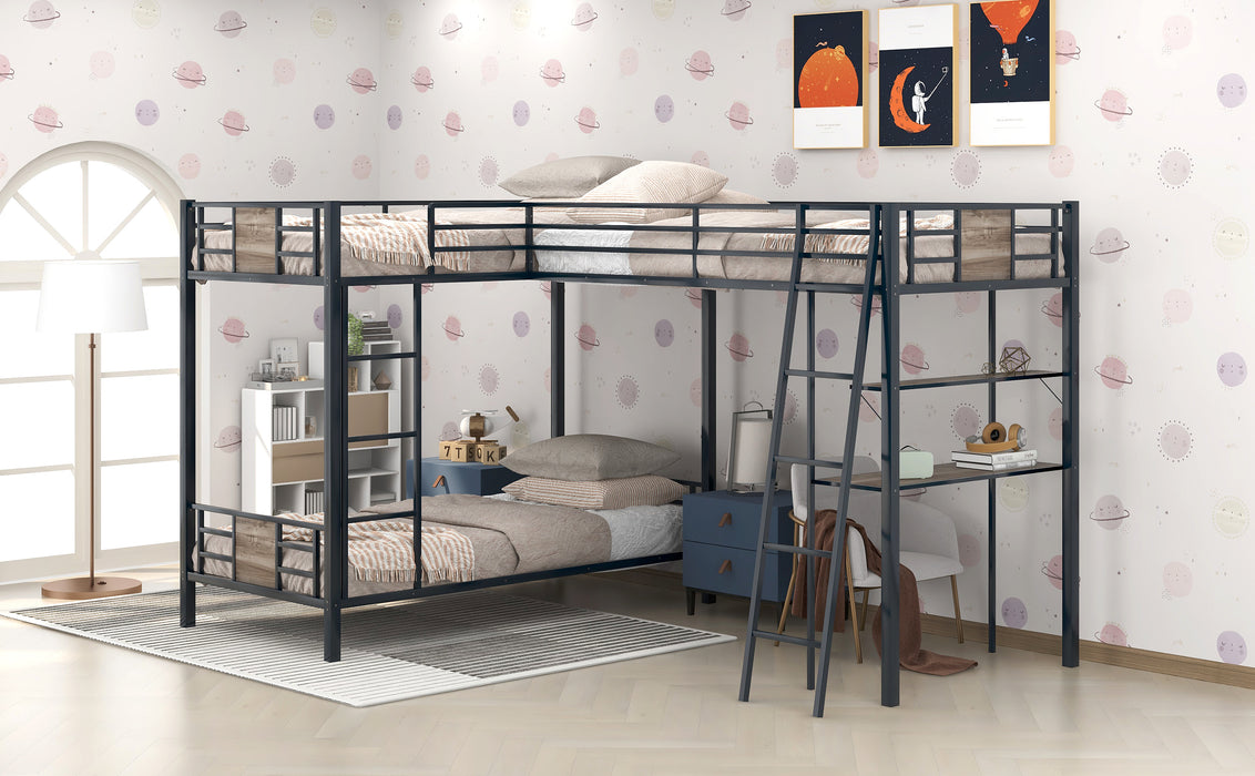 L-Shaped Twin over Twin Bunk Bed with Twin Size Loft Bed - Brown