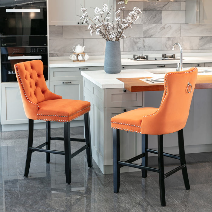 Contemporary Velvet Upholstered Barstools, Set of 2 (Orange)