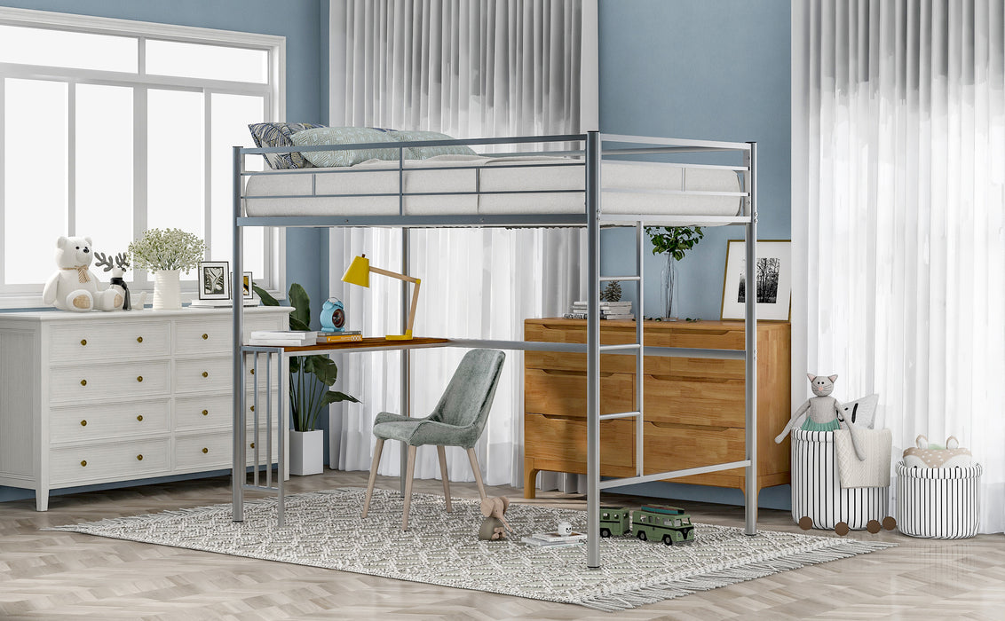 Twin Metal Loft Bunk Bed with Desk, Ladder and Guardrails - Silver