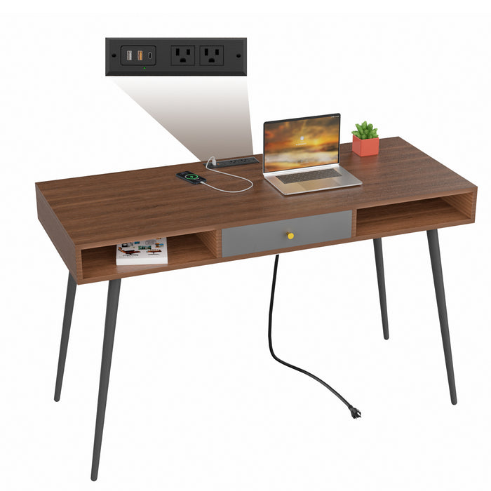 Mid Century Desk with USB Ports and Power Outlet - Walnut