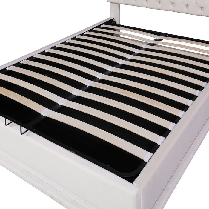 Queen Size Storage Upholstered Platform Bed with Adjustable Tufted Headboard and LED Light - Beige