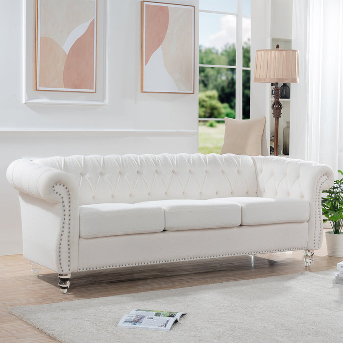 Rolled Arm Chesterfield 3 Seater Sofa - White