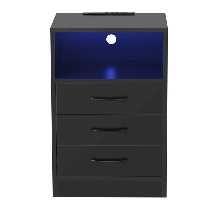 Nightstand with 3 Drawers and USB Charging Ports,Wireless Charging and Remote Control LED Light-Blac, k