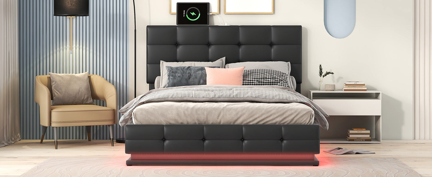 Full Size Tufted Upholstered Platform Bed with Hydraulic Storage and LED Lights and USB charger - Black