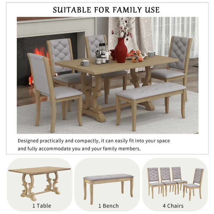 6-Piece Retro Dining Set with Unique-designed Table Legs - Beige Wash