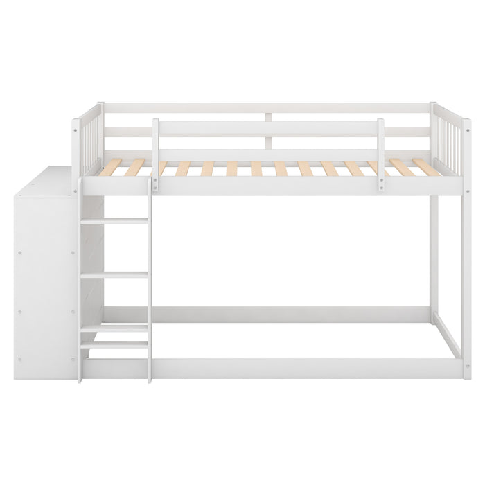 Twin over Twin Bunk Bed with Attached Cabinet and Shelves Storage - White