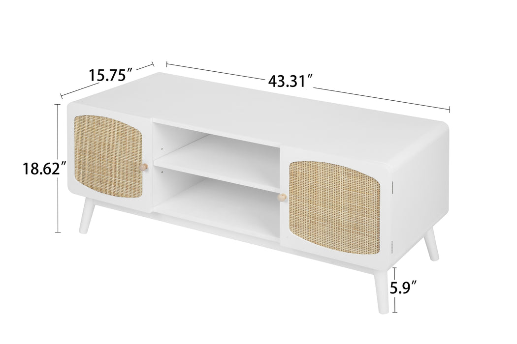 White TV Console with Rattan Door