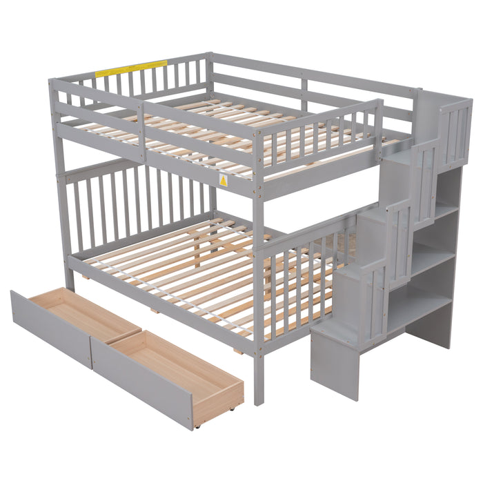 Full Over Full Bunk Bed with 2 Drawers and Staircases - Grey