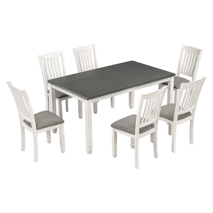 7-Piece Dining Table Set Wood Dining Table and 6 Upholstered Chairs- Gray+White