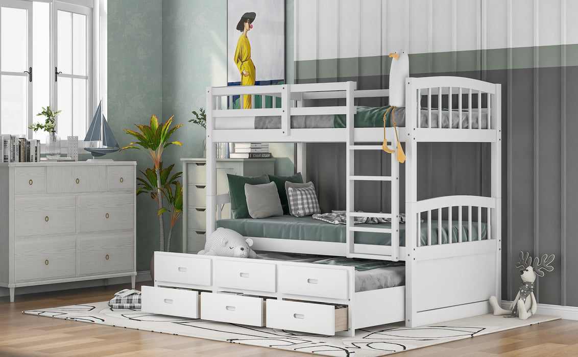 Twin over Twin Wood Bunk Bed with Trundle and Drawers - White