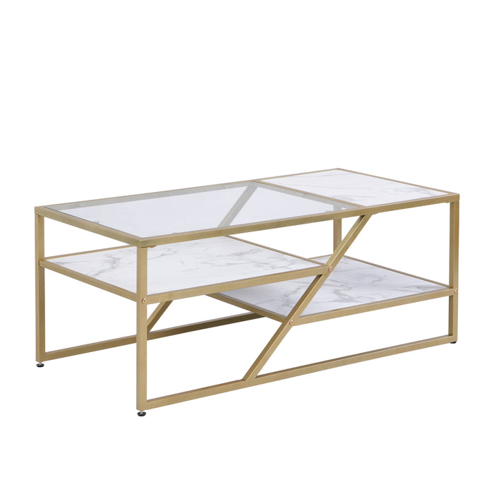 Golden Coffee Table with Storage Shelf - Tempered Glass