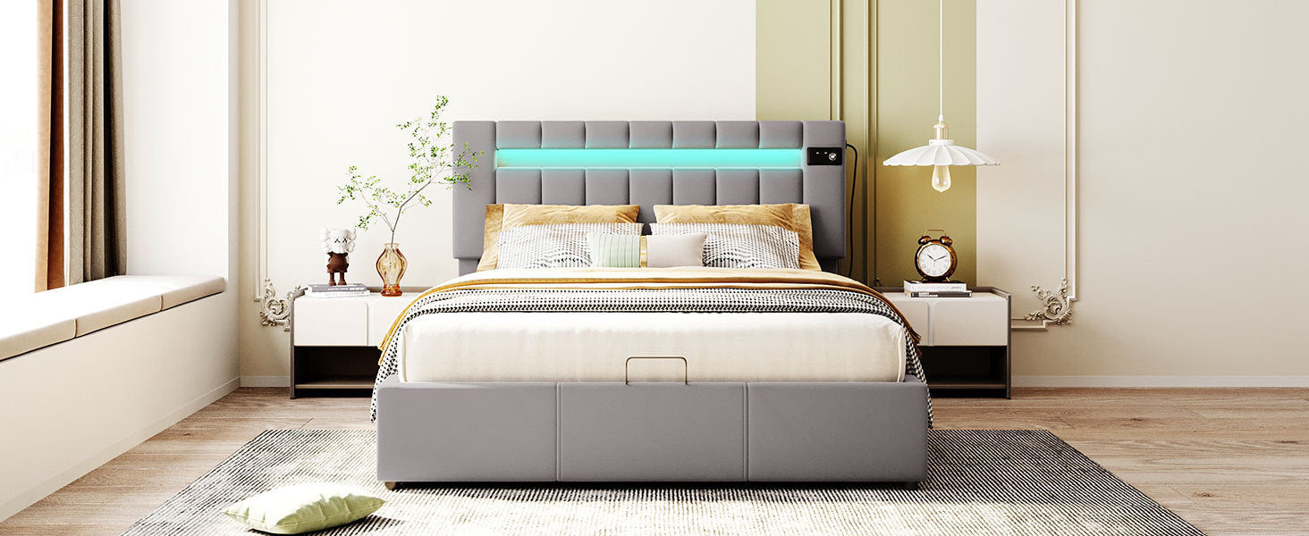 Queen Size Upholstered Bed  with LED light, Bluetooth Player and USB Charging - Gray