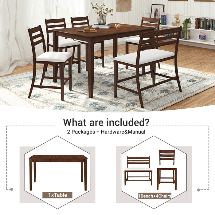 6-Piece Farmhouse Extendable Counter Height Dining Table Set - Brown Walnut + Beige