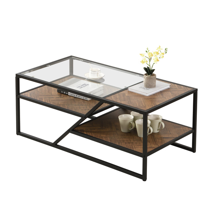 Black Coffee Table with Storage Shelf - Tempered Glass