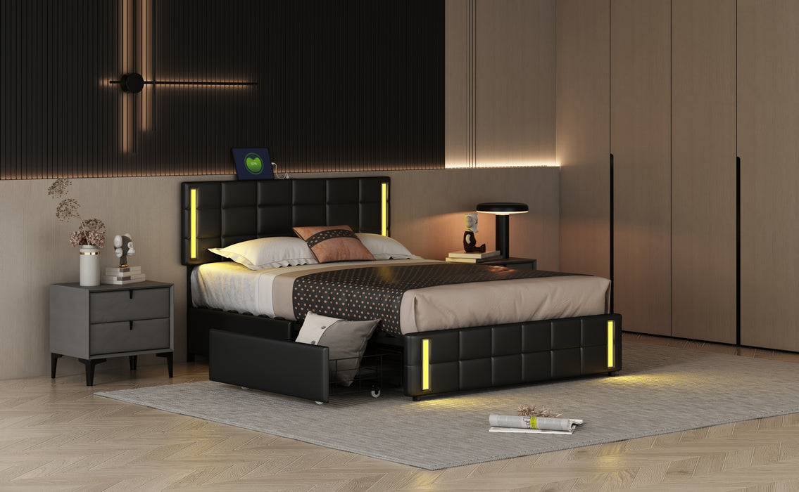 Queen Upholstered  Storage Platform Bed with LED Lights and USB Charging - Black