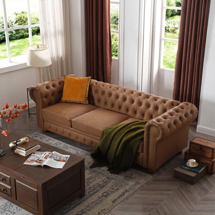 Classic Chesterfield Sofa - Brown Faux Leather