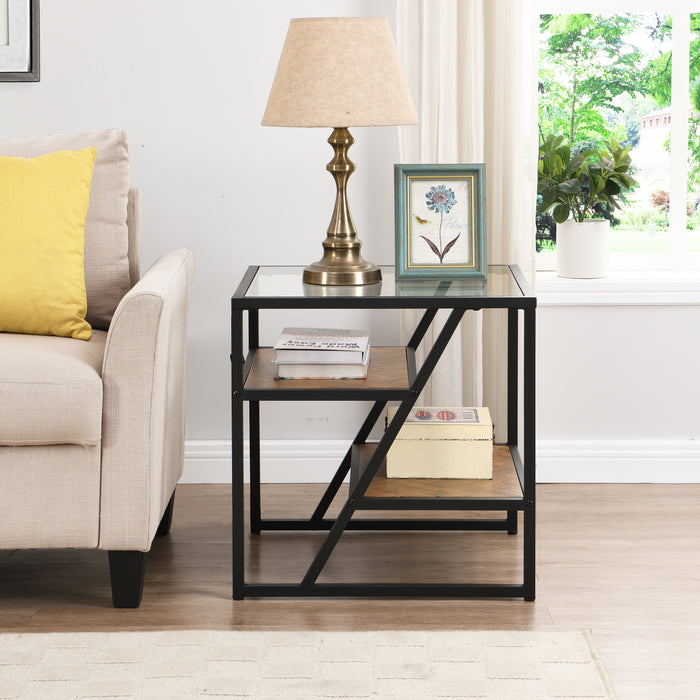 Black Side End Table with Storage Shelf, Tempered Glass