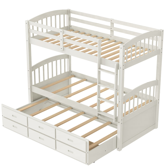 Twin over Twin Wood Bunk Bed with Trundle and Drawers - White