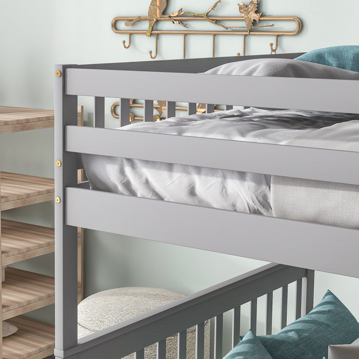 Full Over Full Bunk Bed with 2 Drawers and Staircases - Grey