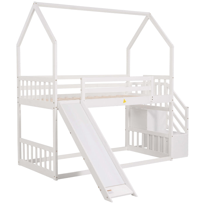 Twin over Twin House Bunk Bed with Convertible Slide, Storage Staircase -White