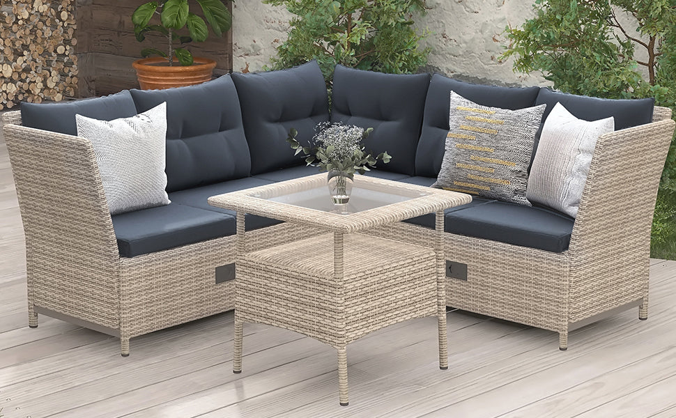 Outdoor Patio 4-Piece All Weather PE Wicker Rattan Sofa Set with Adjustable Backs for Backyard, Poolside, Gray