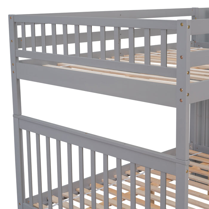 Full Over Full Bunk Bed with 2 Drawers and Staircases - Grey